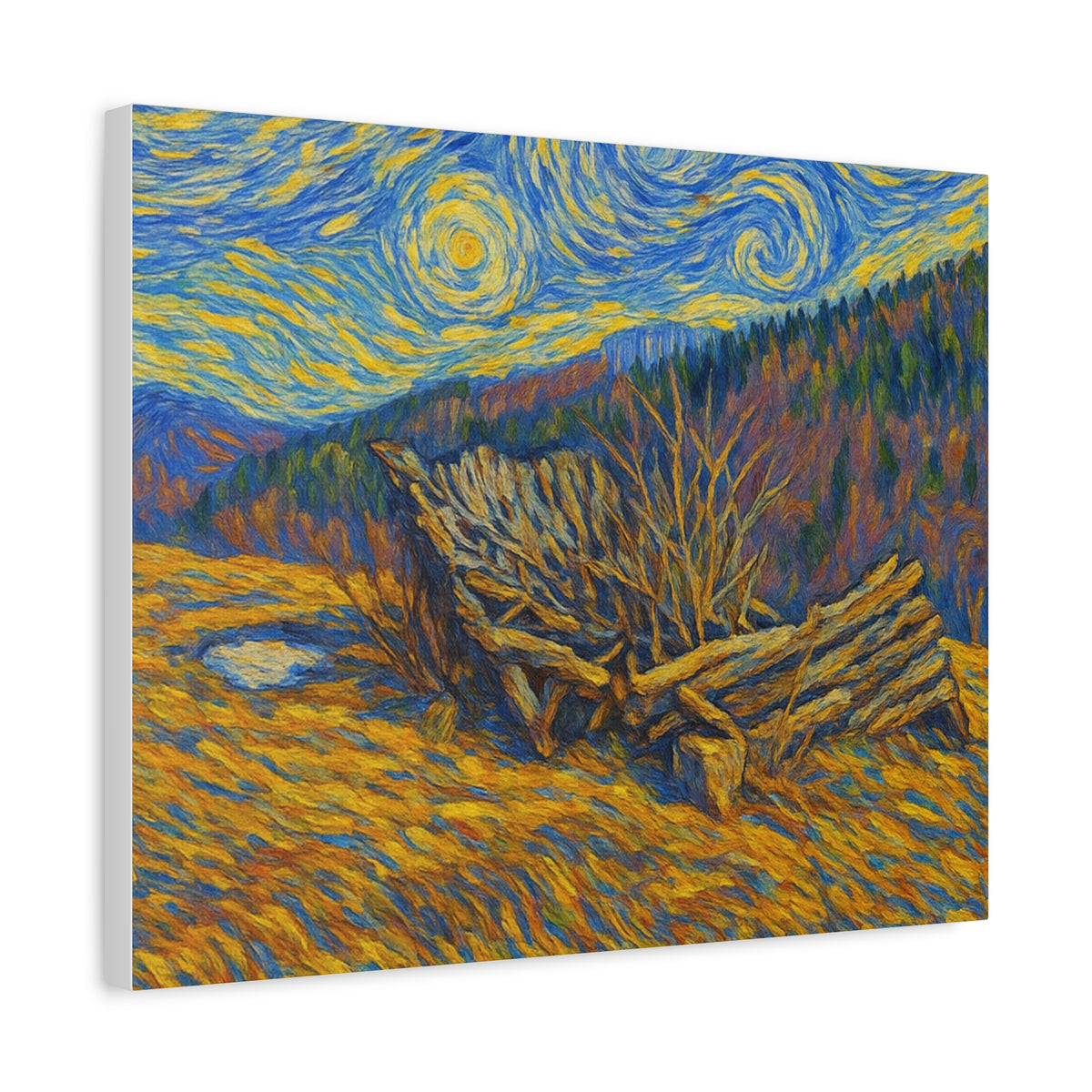 Impressionist Starry Landscape canvas print by Printify featuring a vibrant night sky with stars and a scenic landscape.