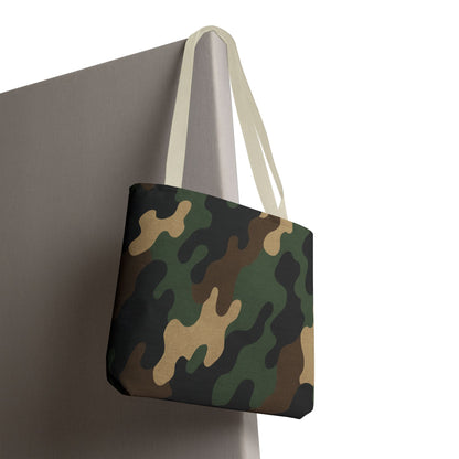 Camo pattern tote bag with all-over print canvas design, stylish carryall bag by Printify featuring a spacious interior and sturdy handles.