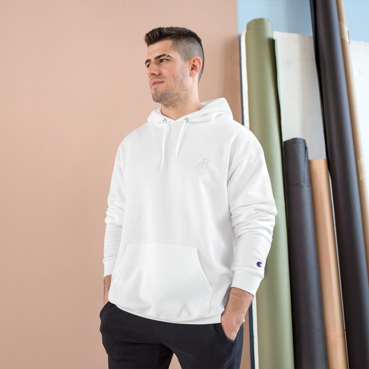 Minimalist Champion Hoodie with Hand Gesture Design