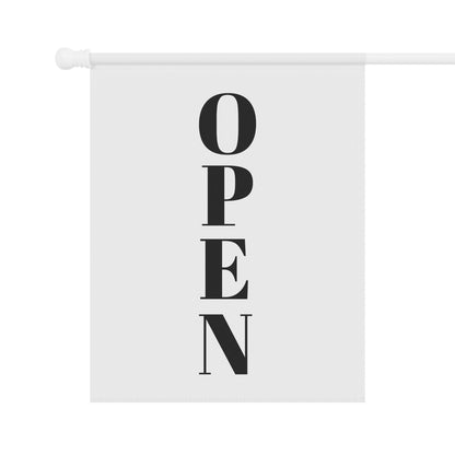 Open for Business garden flag by Printify featuring a welcoming yard sign for garden or house display.