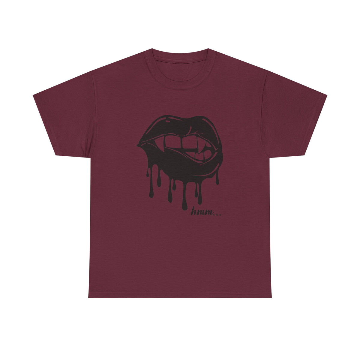 Graphic T-shirt by Printify featuring a dripping lips 'hmm...' bite design on the front in bold, eye-catching style.