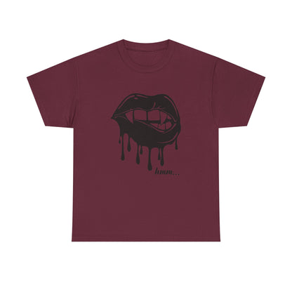 Graphic T-shirt by Printify featuring a dripping lips 'hmm...' bite design on the front in bold, eye-catching style.