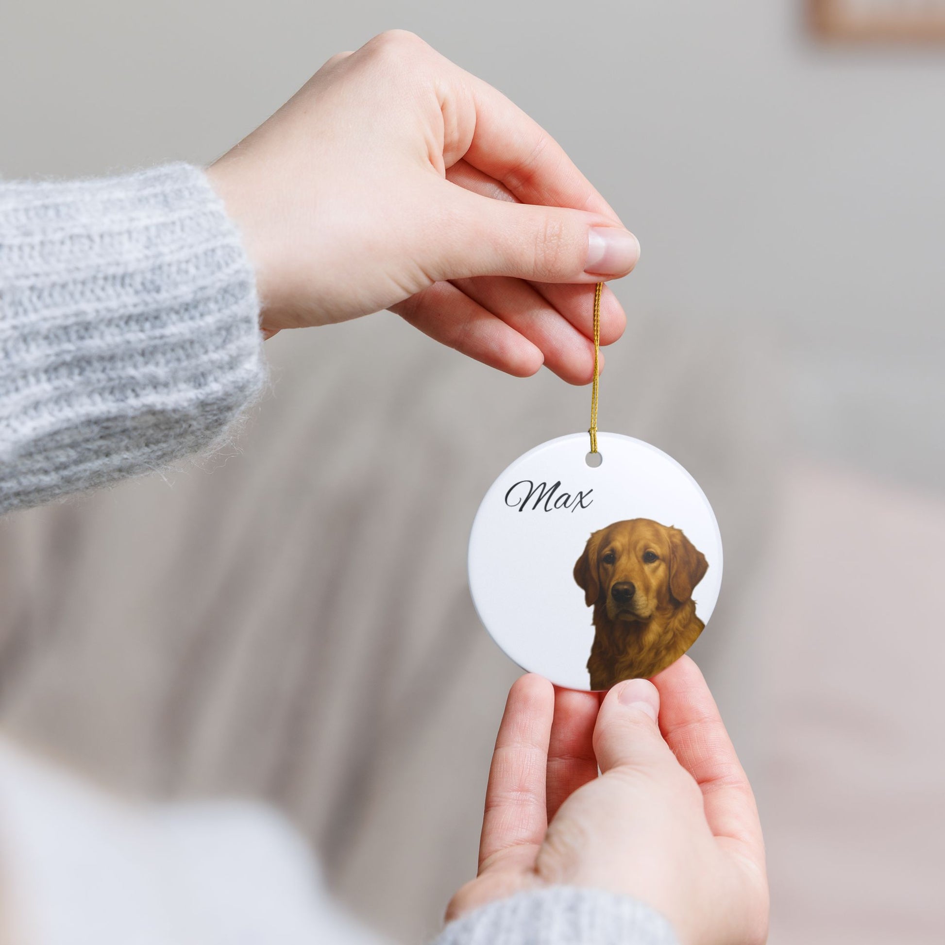 Personalized golden retriever ceramic ornament with custom name for pet memorial decoration, featuring detailed dog design.