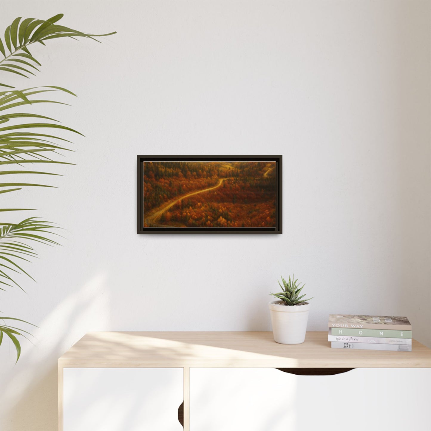 Framed matte canvas print of autumn forest road landscape wall art by Printify, showcasing vibrant fall colors and scenic nature view.