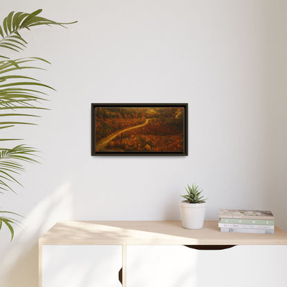 Framed matte canvas print of autumn forest road landscape wall art by Printify, showcasing vibrant fall colors and scenic nature view.