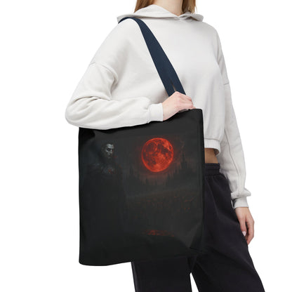 Gothic Dracula tote bag with moonlit vampire art, stylish Halloween-themed bag by Printify featuring spooky vampire design.