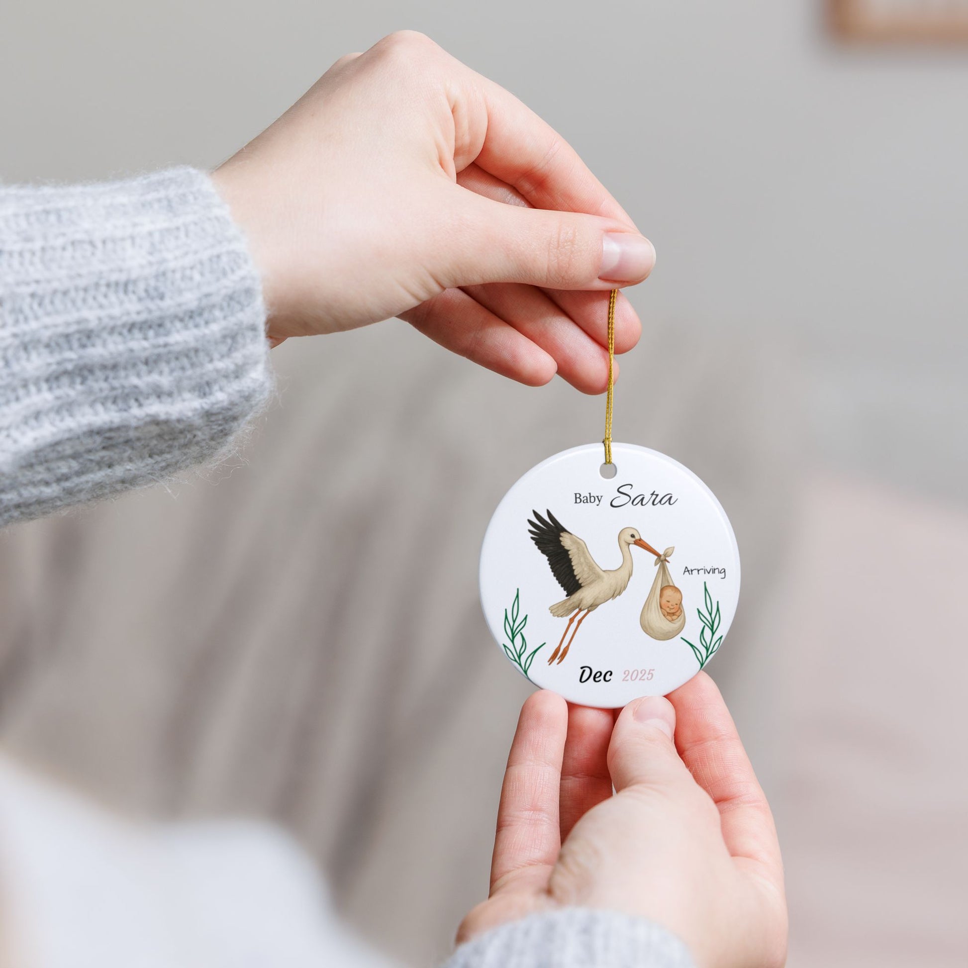 Stork with Baby, Personalized Name and Due Date Ornament Ceramic Ornament - TRV