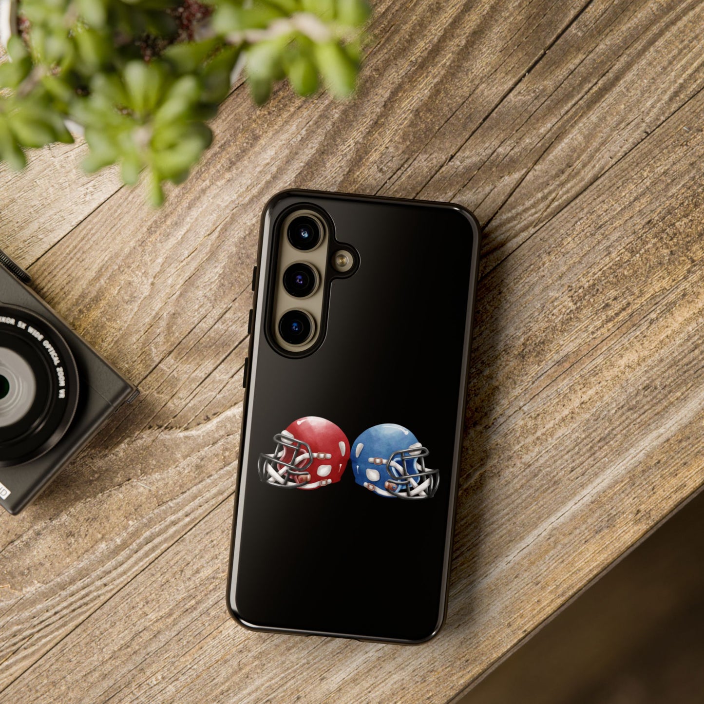 Red and blue football helmet print phone case for iPhone, durable protective cover by Printify.