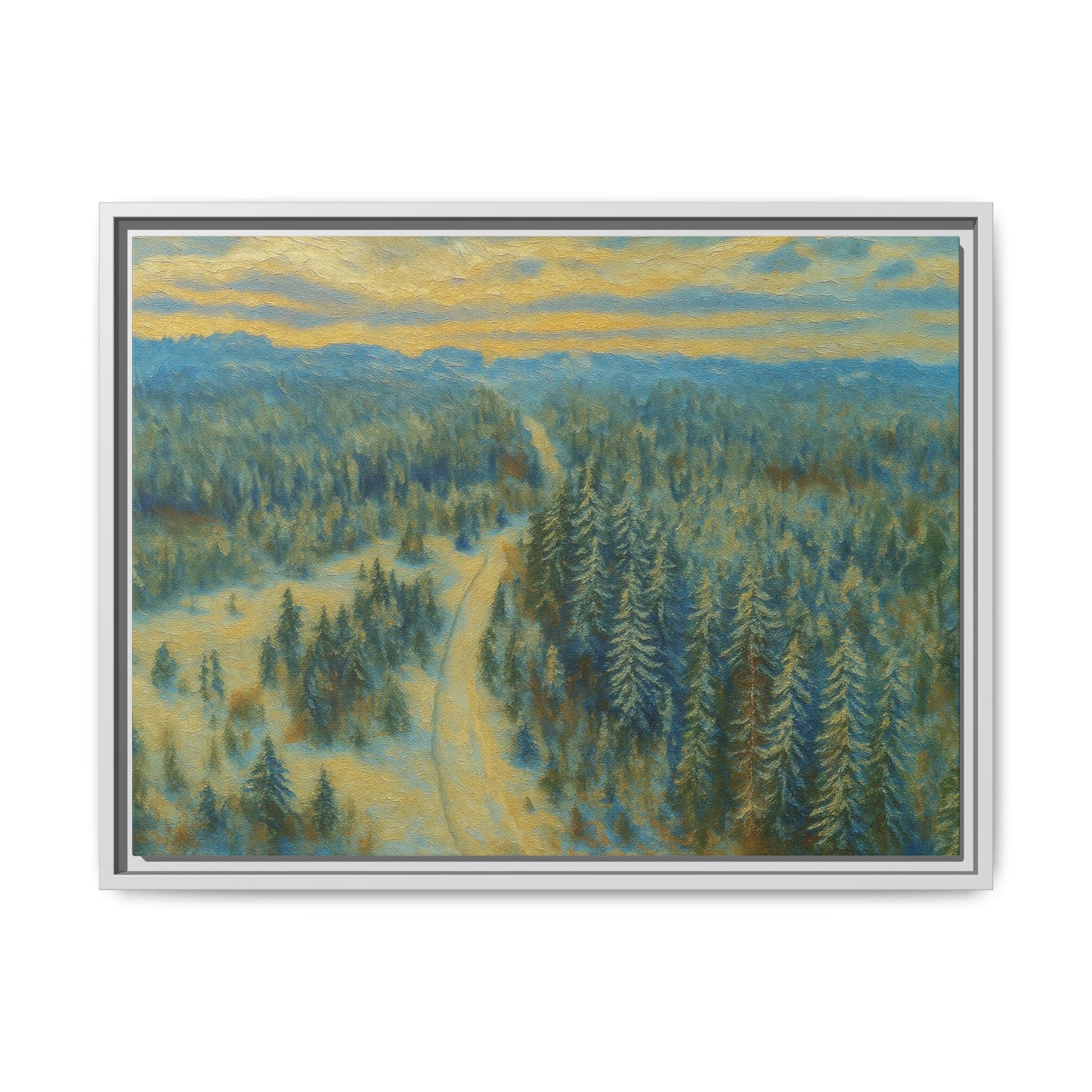 Framed matte canvas print of a serene winter forest landscape, showcasing detailed trees and snowy scenery by Printify.