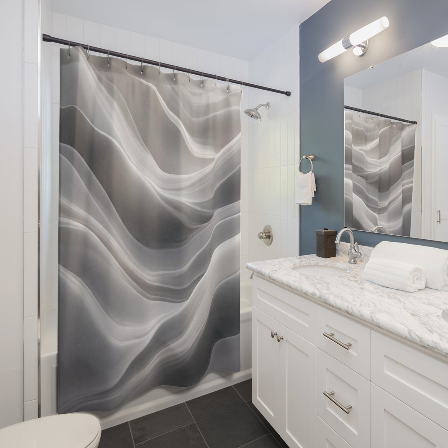 Abstract Gray Waves Shower Curtain | Soft Marble Swirl Bathroom Decor
