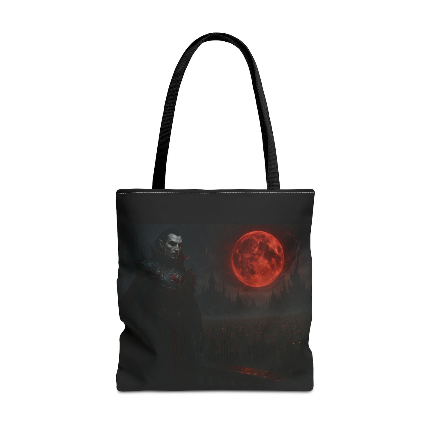 Gothic Dracula tote bag featuring moonlit vampire artwork, perfect for Halloween, made by Printify.