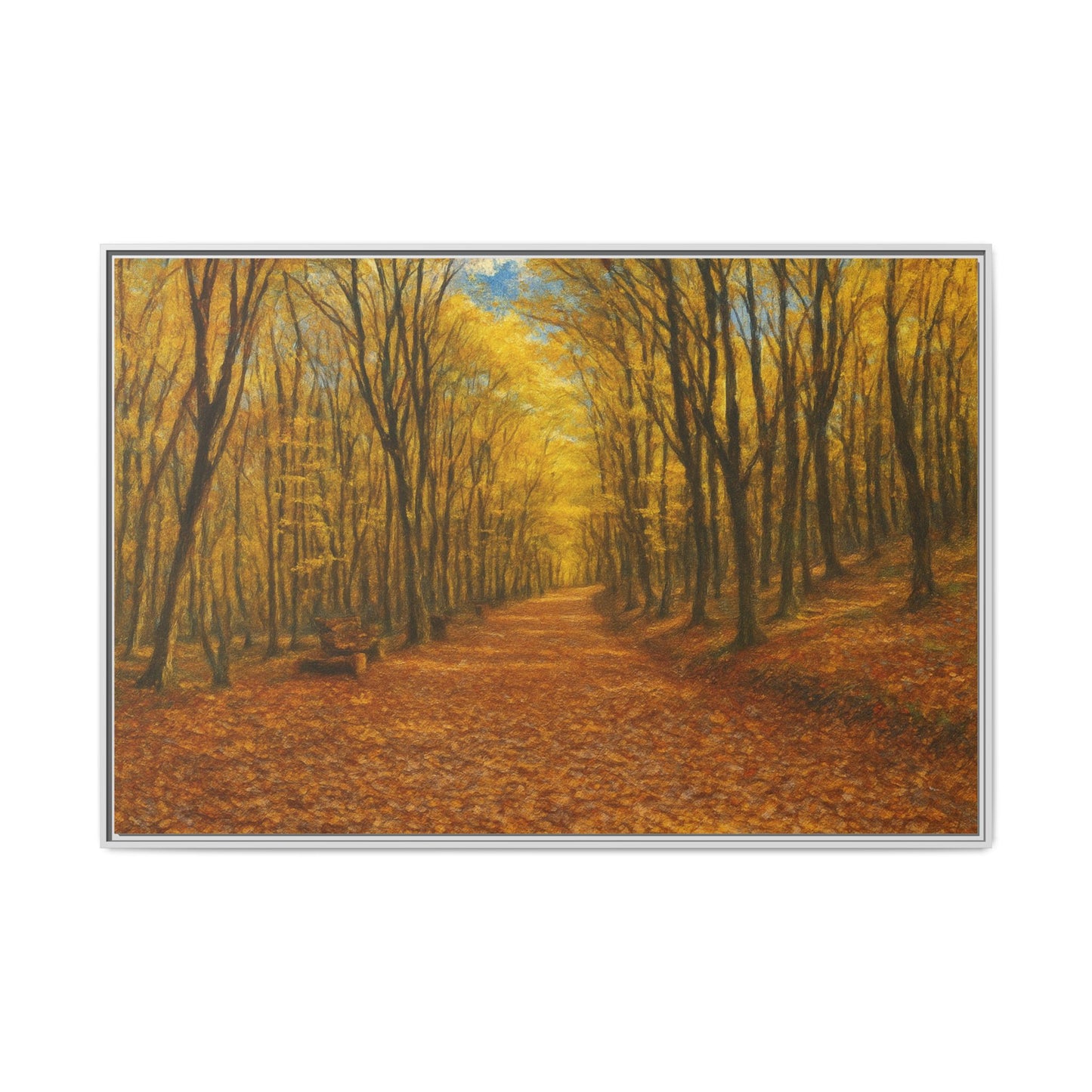 Autumn forest path matte canvas wall art by Printify, featuring a peaceful forest scene with colorful fall leaves and trees.