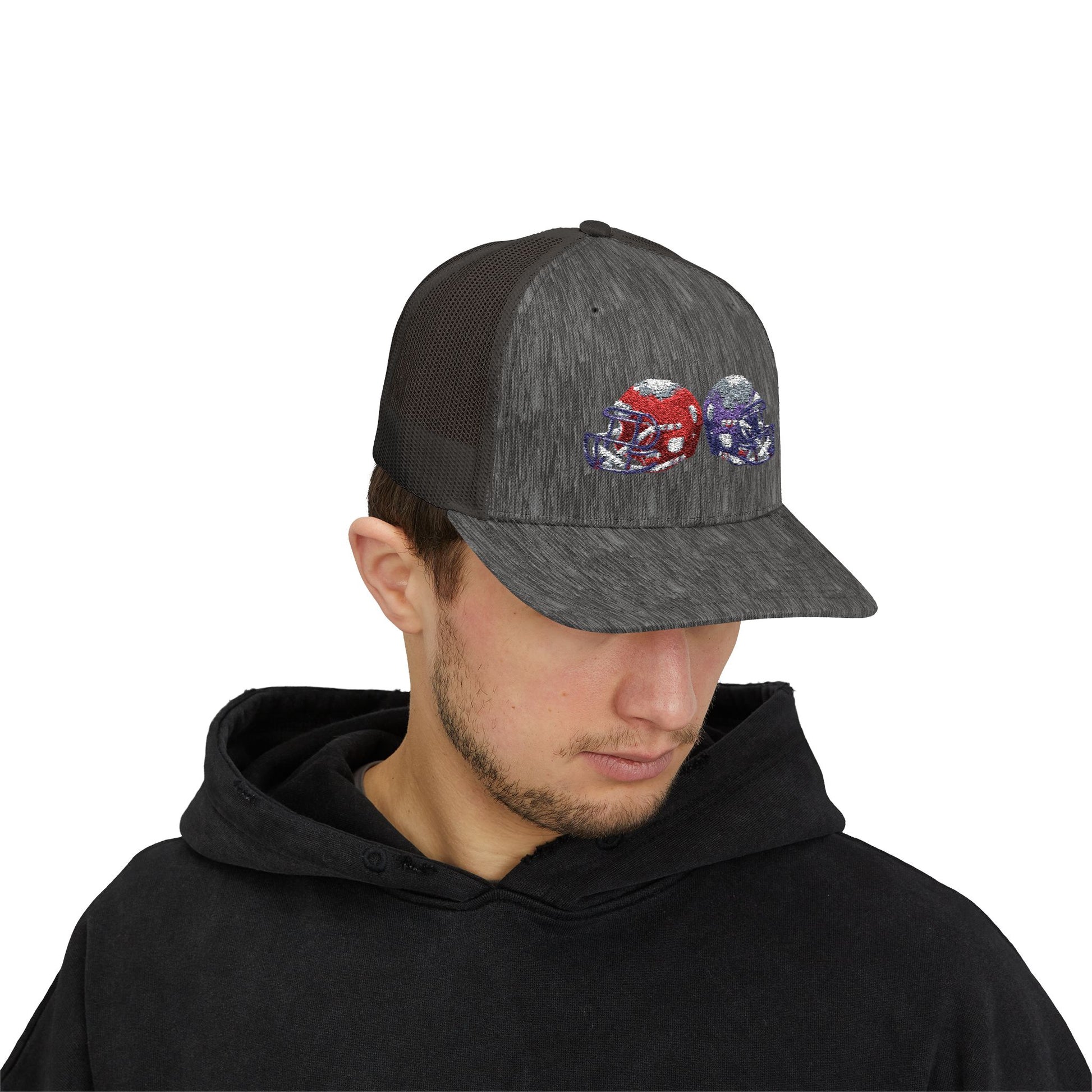 Sporty Snapback Trucker Cap with Football Helmets, Baseball Cap, Outdoor Activity Hat, Gift for Sports Fans, Team Spirit Wear - TRV