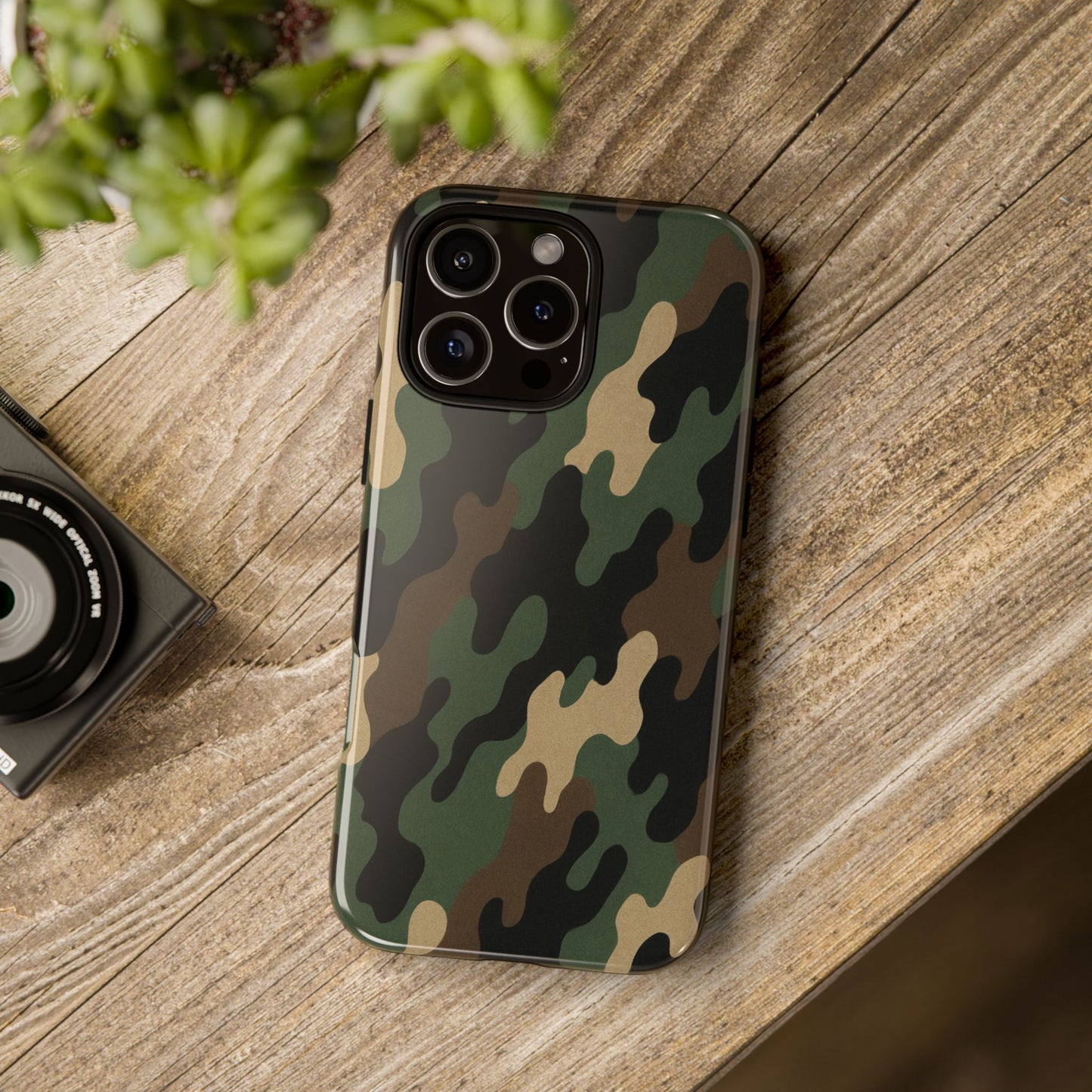 Rugged camouflage phone case by Printify, protective and durable, designed for a smartphone with a tough camo pattern.