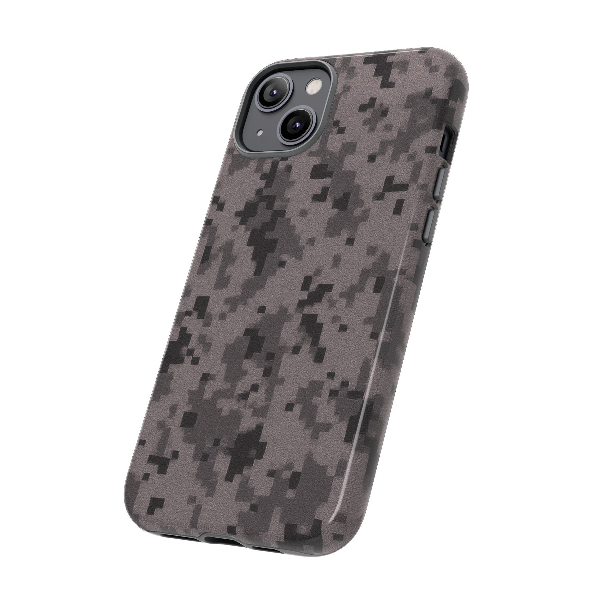 Gray digital camouflage phone case by Printify, rugged protective cover for smartphones with a tough, durable design.