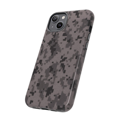 Gray digital camouflage phone case by Printify, rugged protective cover for smartphones with a tough, durable design.