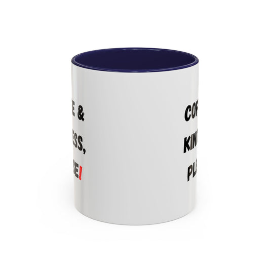 White ceramic "Coffee & Kindness" mug with black text, ideal for gifting friends, featuring an inspirational message.