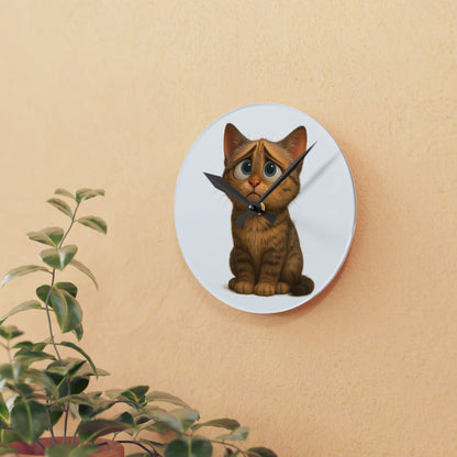 Sad Cartoon Kitten Acrylic Wall Clock – Cute Nursery Cat Decor