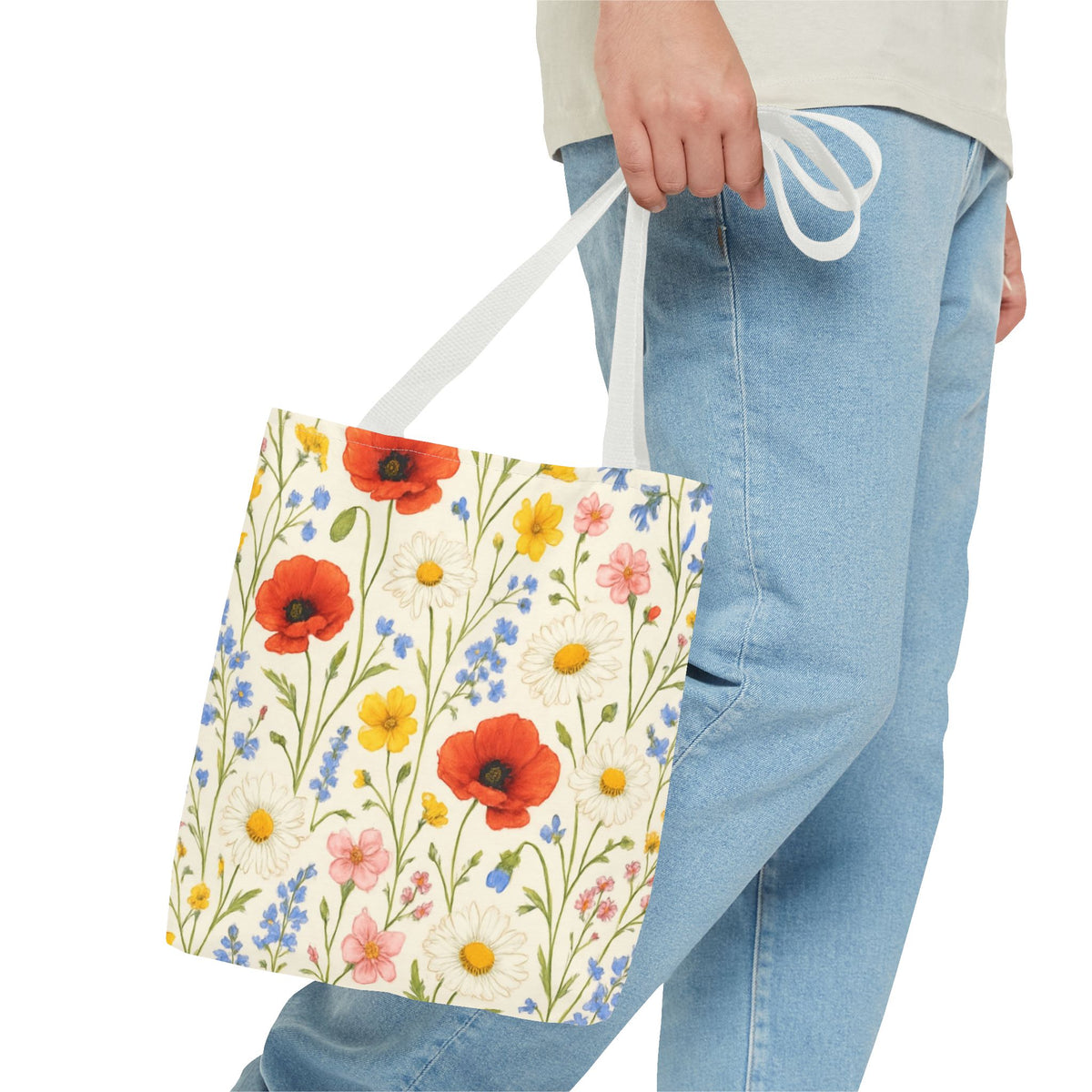 Wildflower Poppy print tote bag by Printify featuring a vibrant floral all-over pattern on durable fabric.