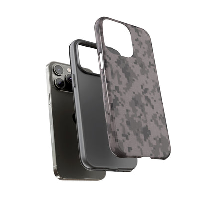 Gray digital camouflage phone case by Printify, tough protective cover for smartphones with a rugged camouflage design.