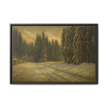 Framed matte canvas of winter forest landscape wall art by Printify, showcasing snowy trees and serene woodland scene.