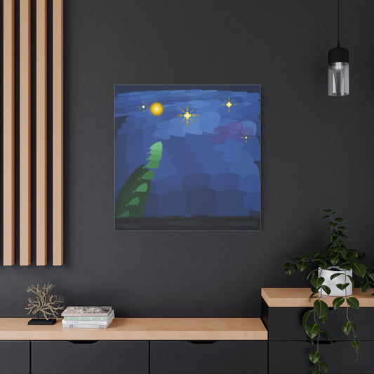 Blue floral night sky canvas print featuring starry night garden with vibrant blue and dark tones, wall art by Printify.