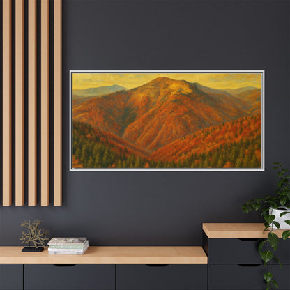 Autumn mountain matte canvas framed wall art by Printify featuring a scenic mountain landscape in warm autumn colors.