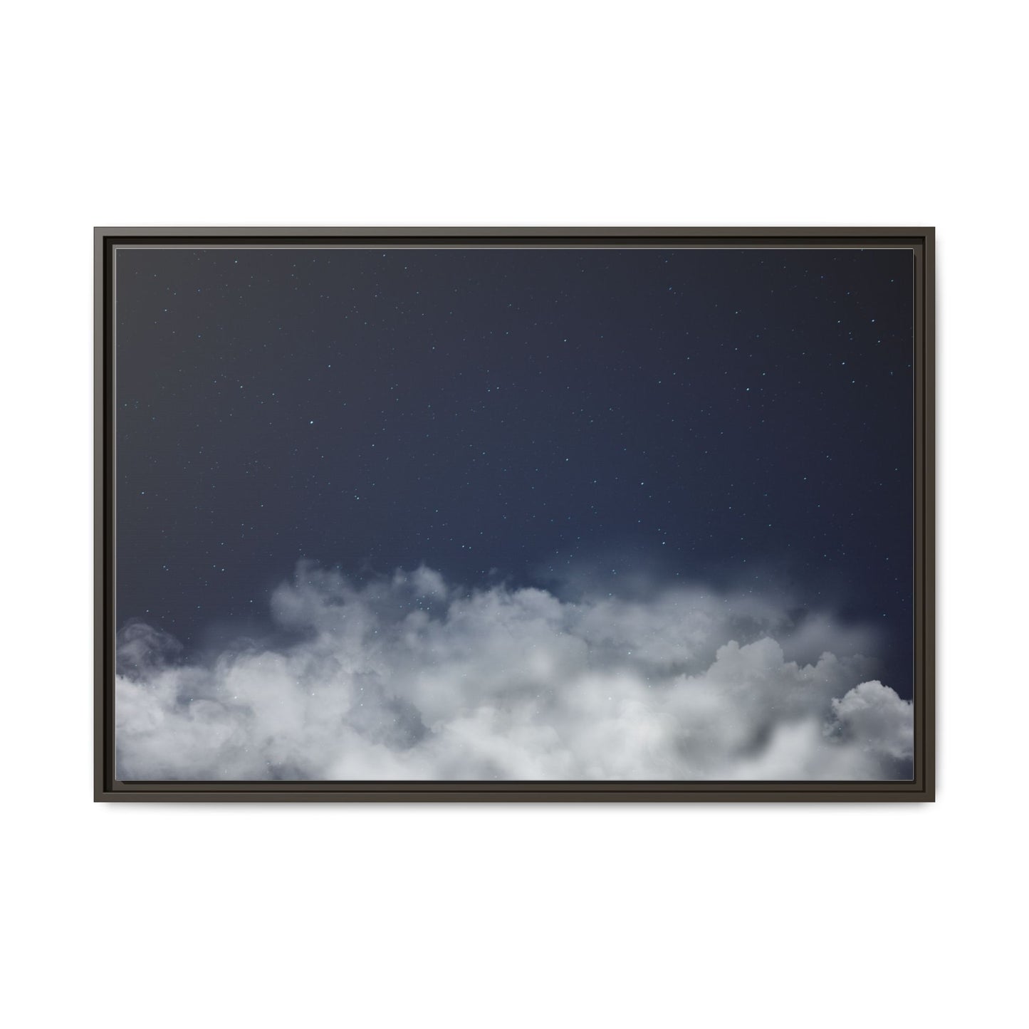 Framed night sky clouds canvas wall art by Printify featuring a starry sky with clouds in a matte finish.