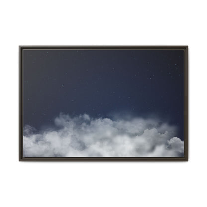 Framed night sky clouds canvas wall art by Printify featuring a starry sky with clouds in a matte finish.