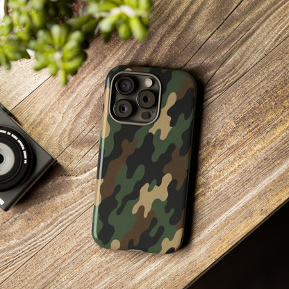Rugged camouflage phone case by Printify featuring a tough, protective design with green and brown camo pattern.