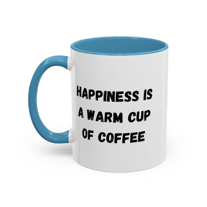 Ceramic coffee mug with "Happiness Is A Warm Cup Of Coffee" printed design, ideal for hot beverages, by Printify.