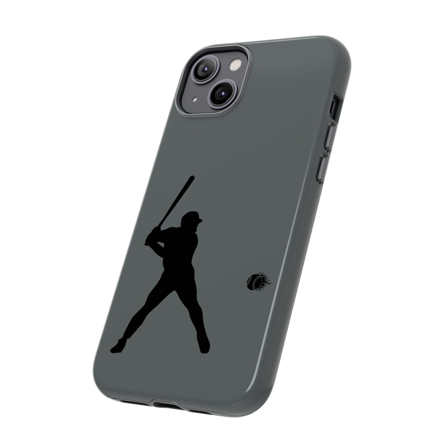 Black phone case with white baseball silhouette design, protective sporty iPhone cover by Printify.