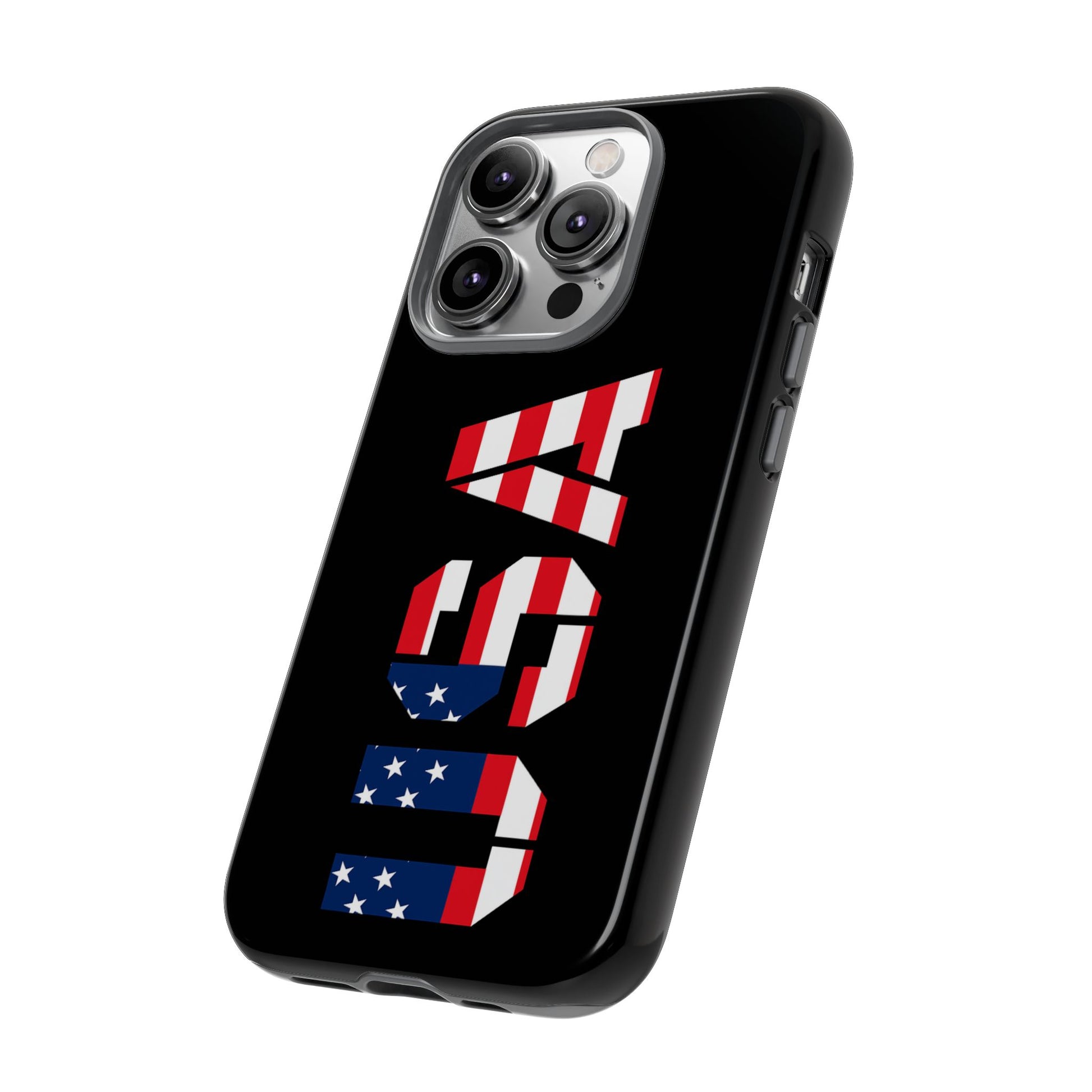 Printify patriotic American flag phone case with durable tough design for iPhone, featuring bold stars and stripes pattern.