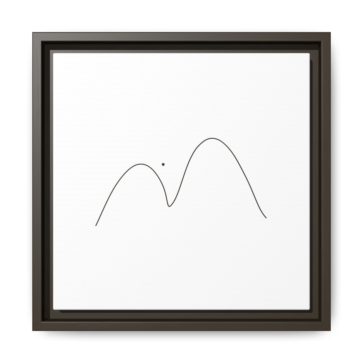 Framed minimalist mountain line art canvas print by Printify featuring simple black mountain outline on matte background.