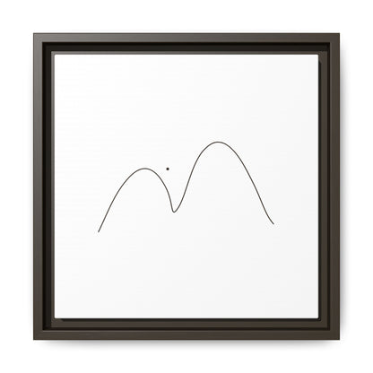 Framed minimalist mountain line art canvas print by Printify featuring simple black mountain outline on matte background.