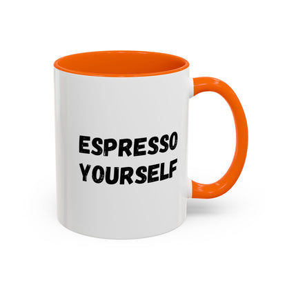 Black ceramic espresso mug with "Espresso Yourself" phrase, 11 oz, perfect for coffee lovers, by Printify.