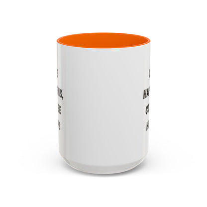 Black ceramic mug with "Life Happens Coffee Helps" text, 11oz or 15oz size, featuring a black handle and rim, Printify brand.