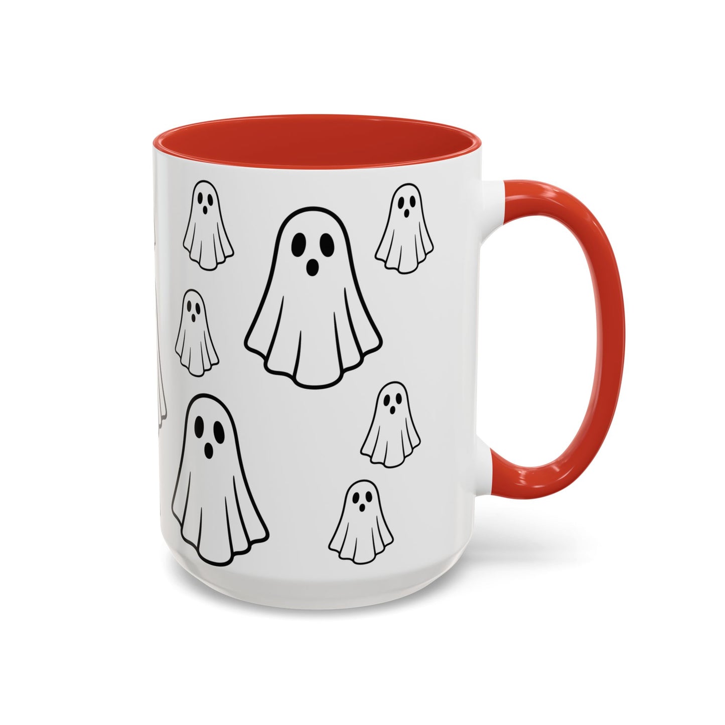 Printify ghost pattern ceramic coffee mug with Halloween-themed design, 11oz or 15oz size, perfect for spooky season.