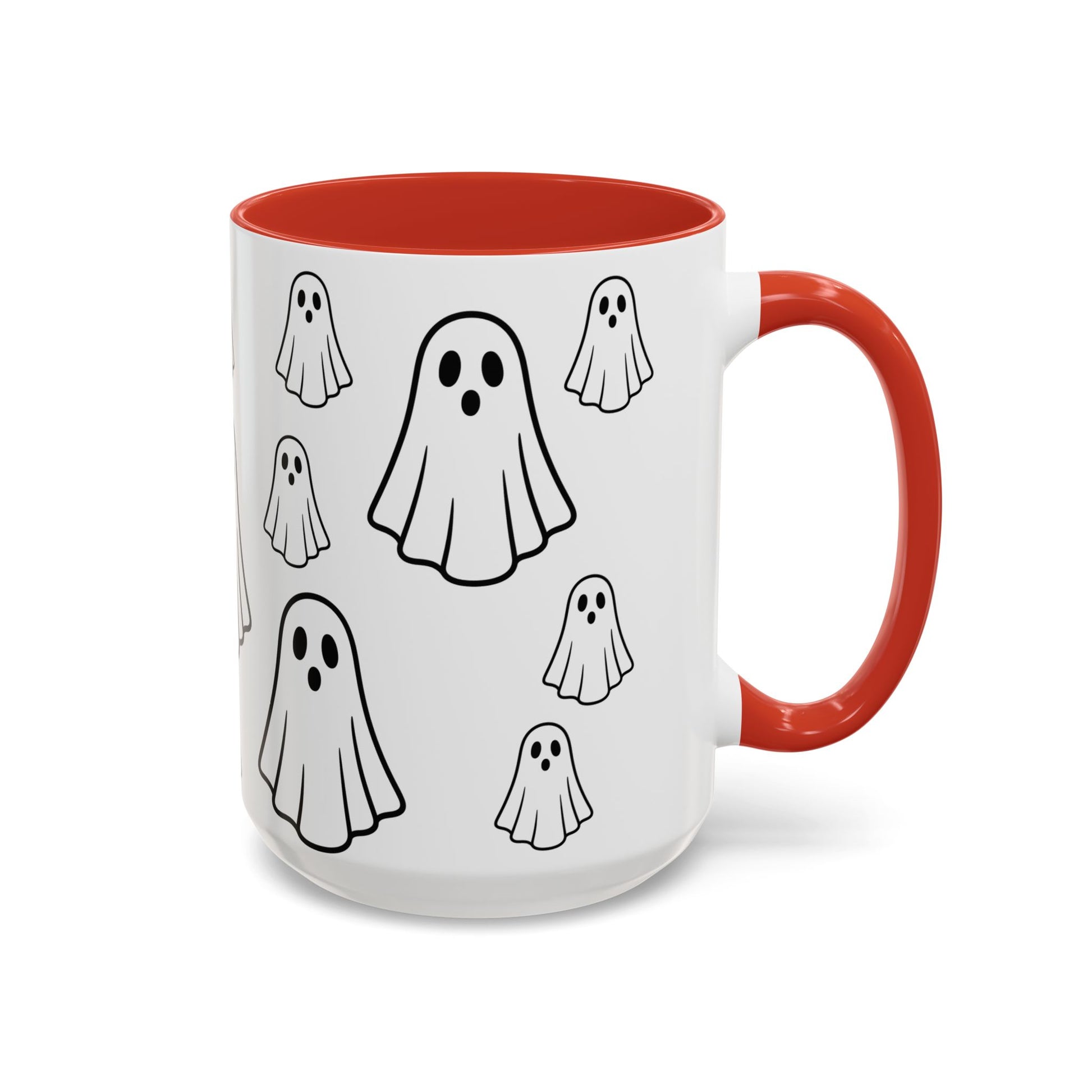 Printify ghost pattern ceramic coffee mug with Halloween-themed design, 11oz or 15oz size, perfect for spooky season.
