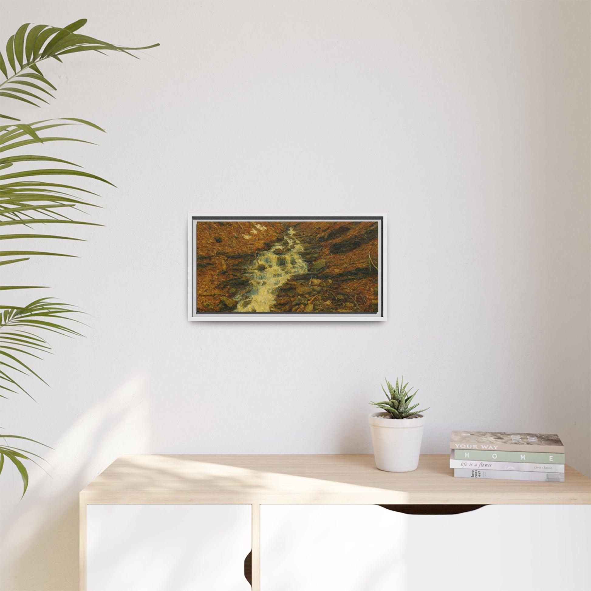 Framed matte canvas print of autumn stream landscape artwork by Printify, showcasing vibrant fall colors and natural scenery.