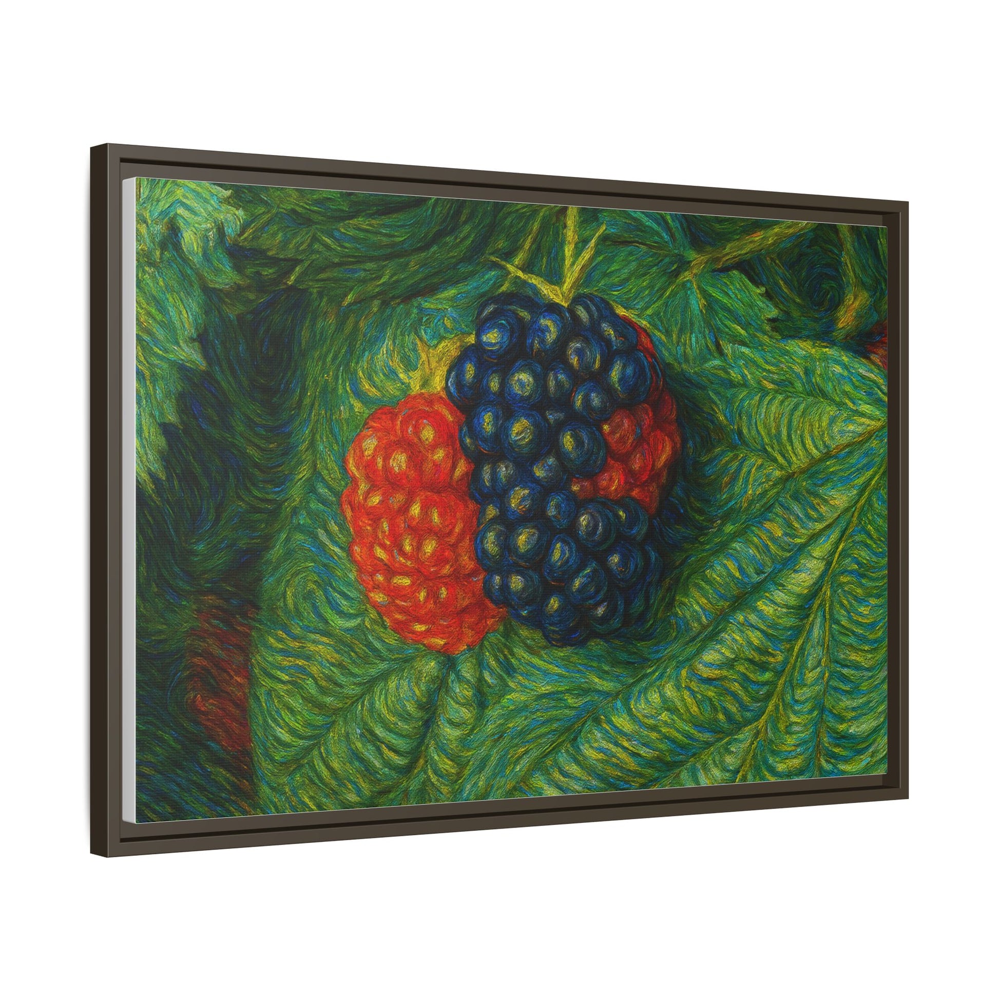 Blackberry still life framed canvas print by Printify, featuring a detailed image of ripe blackberries in a natural setting.