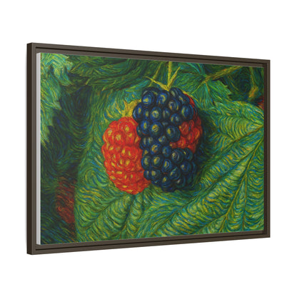 Blackberry still life framed canvas print by Printify, featuring a detailed image of ripe blackberries in a natural setting.