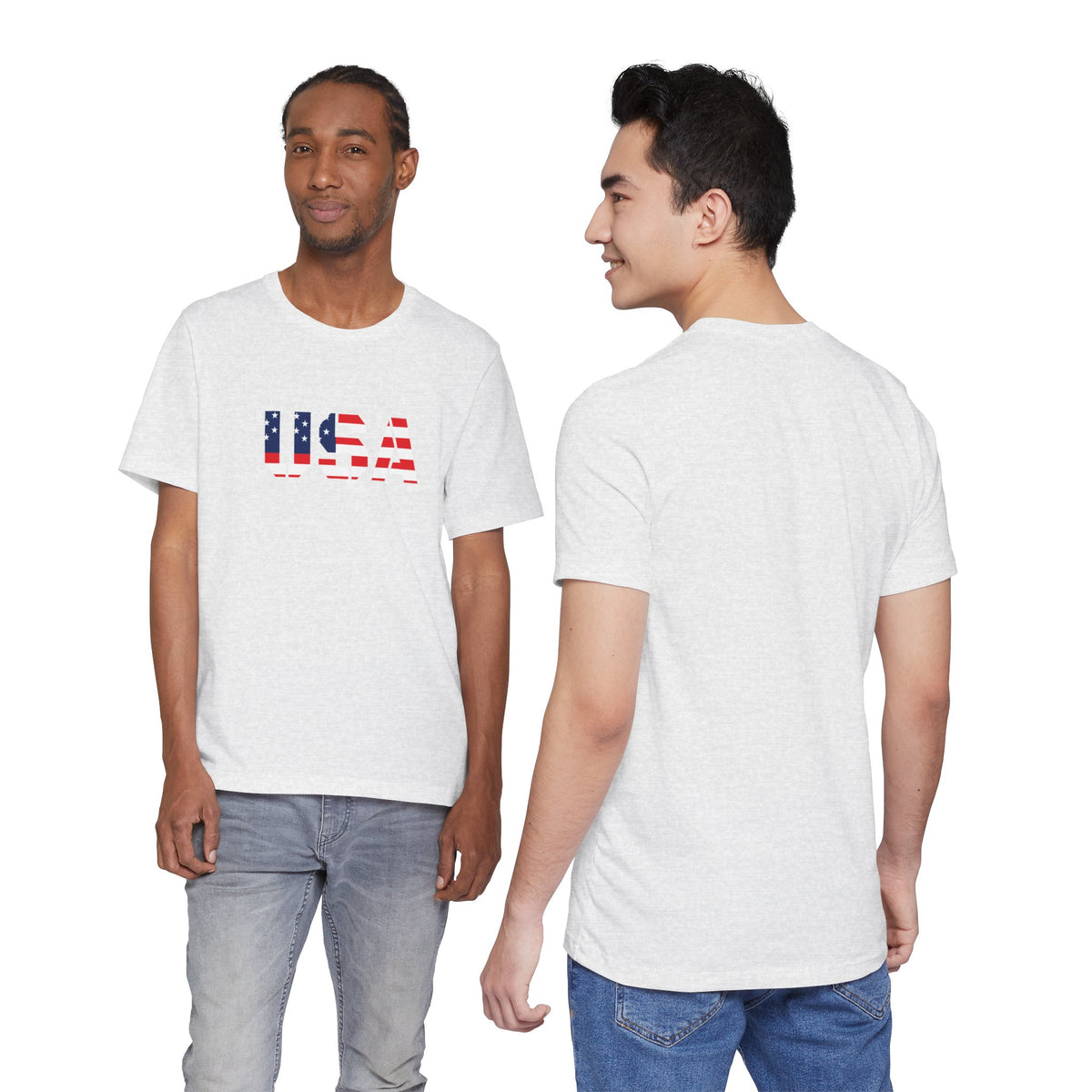 USA flag text T-shirt by Printify featuring patriotic design, perfect for Fourth of July celebrations and casual wear.