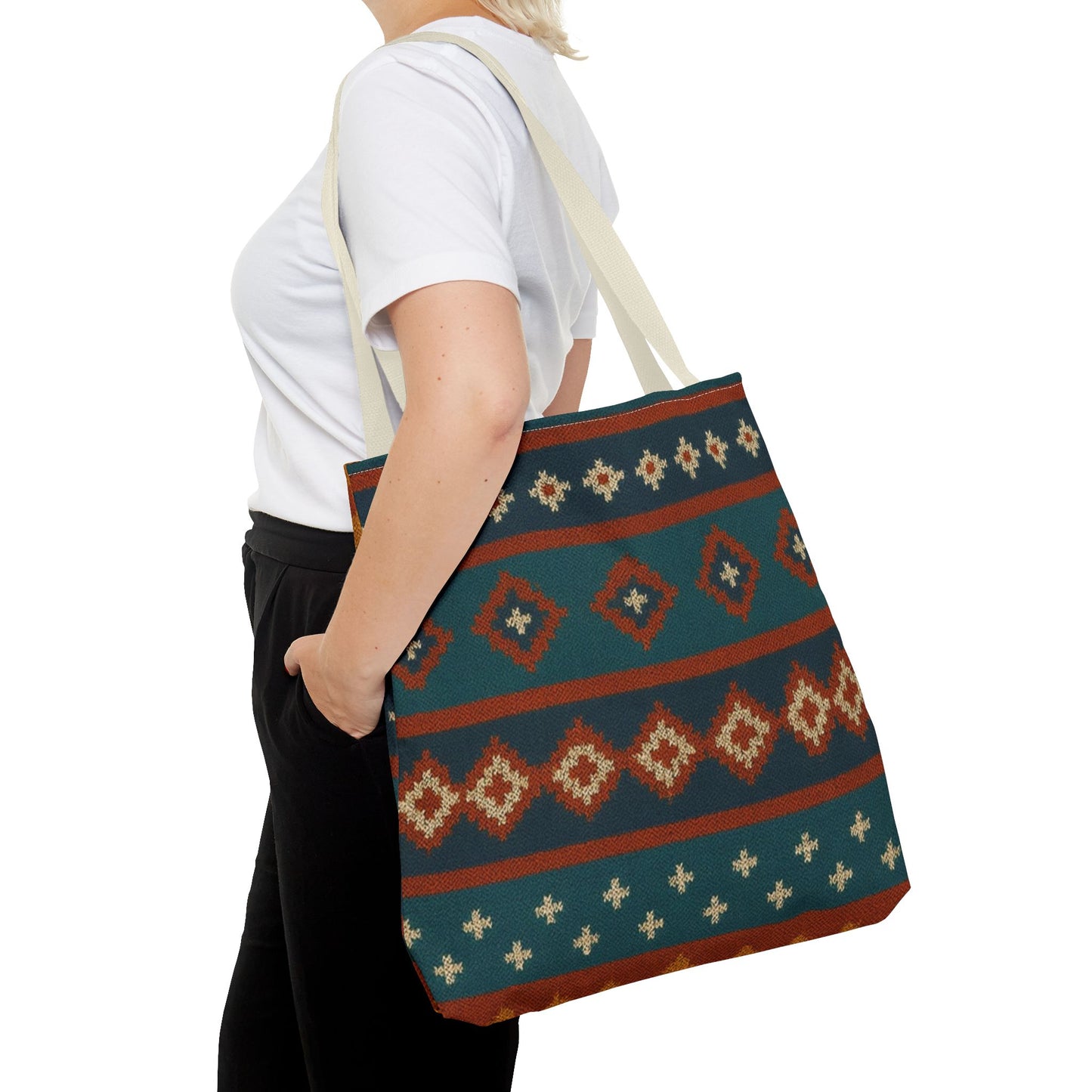 Southwestern diamond pattern tote bag with Aztec tribal geometric print, featuring sturdy handles and spacious interior for everyday use