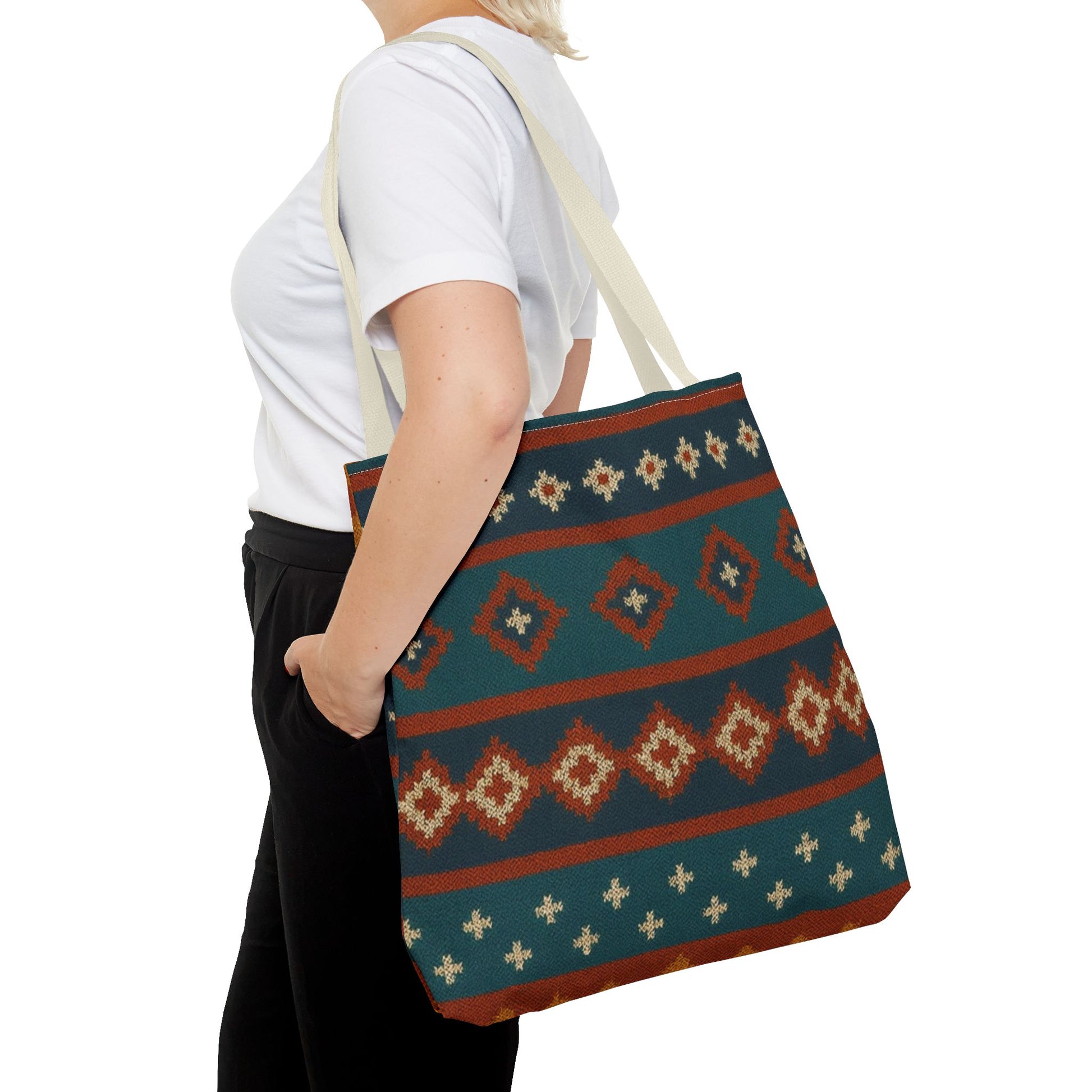 Southwestern diamond pattern tote bag with Aztec tribal geometric print, featuring sturdy handles and spacious interior for everyday use