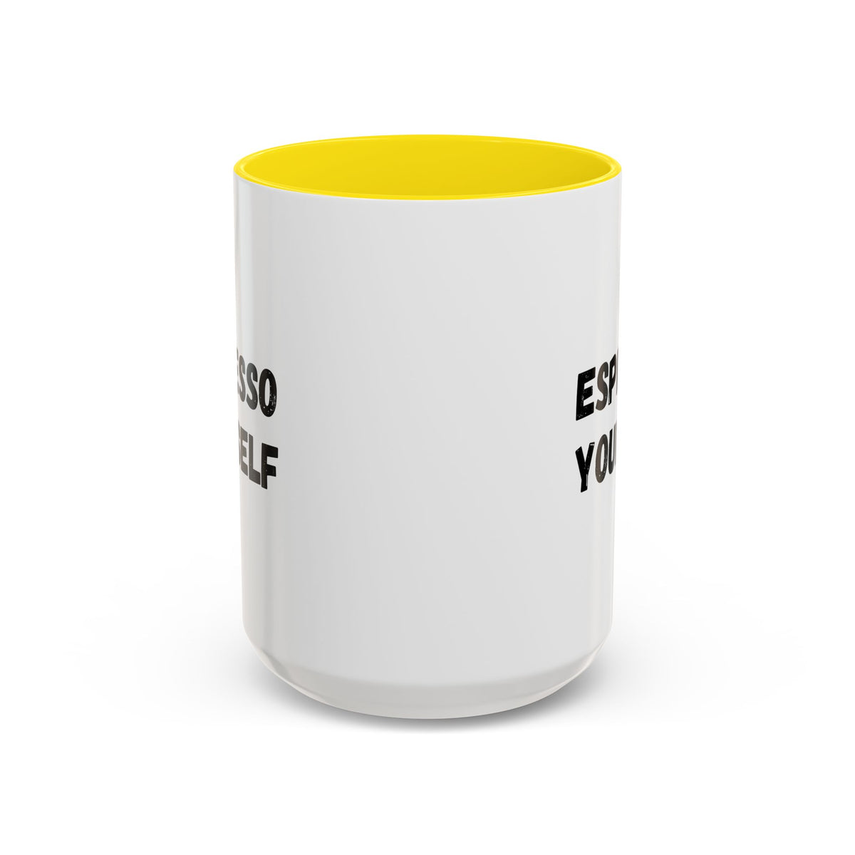 Black ceramic espresso mug with "Espresso Yourself" text, 11 oz capacity, perfect for coffee lovers.