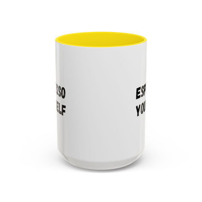 Black ceramic espresso mug with "Espresso Yourself" text, 11 oz capacity, perfect for coffee lovers.