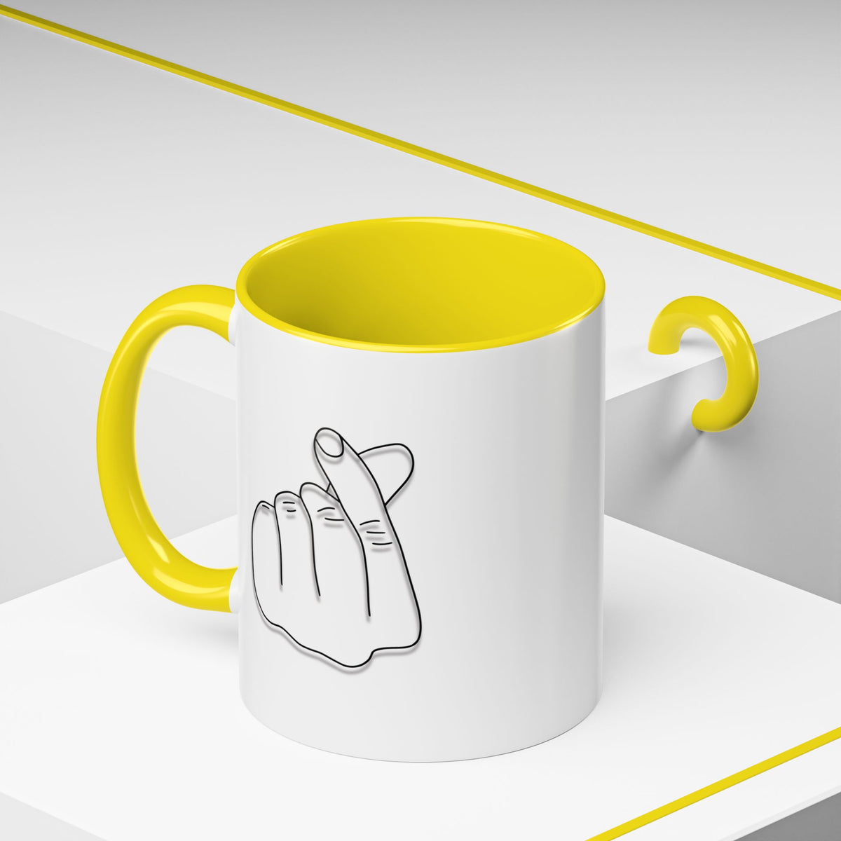 Minimal Korean finger heart accent mug by Printify, 11oz or 15oz ceramic coffee mug with simple design and clean white finish.