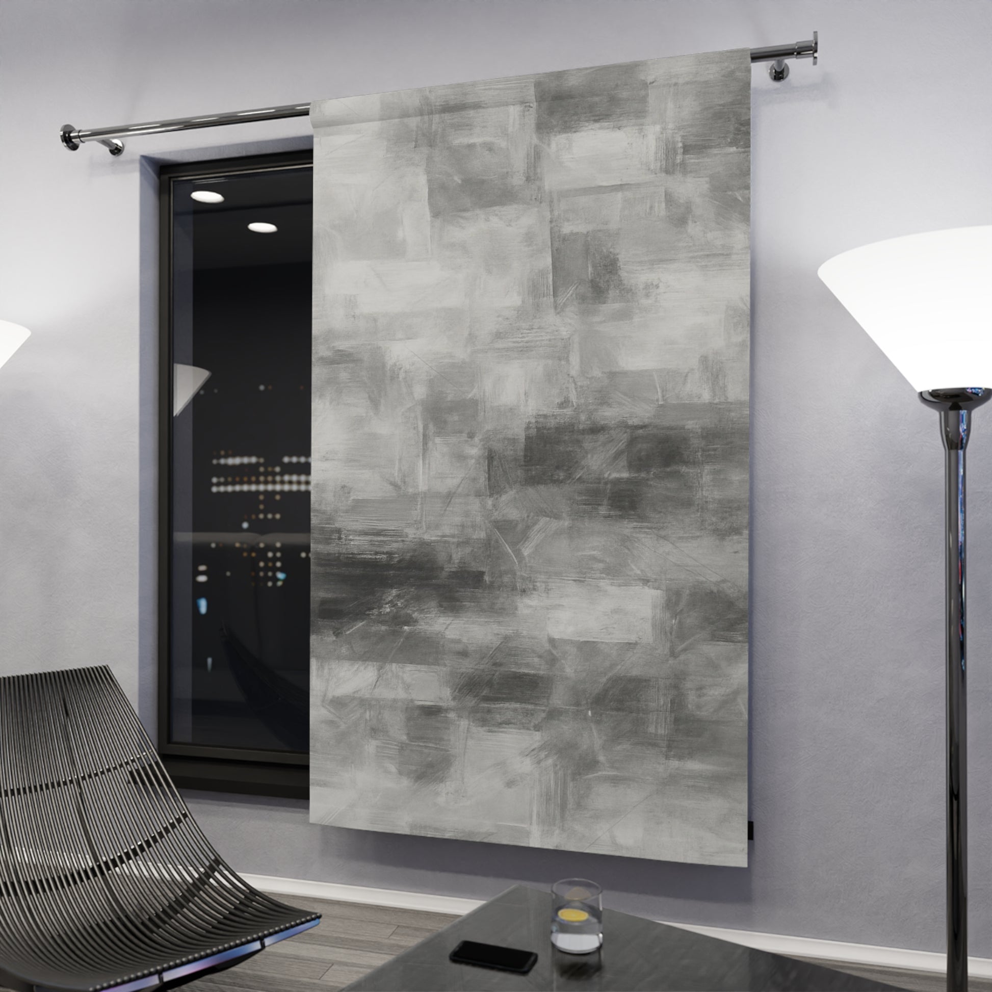 Gray abstract print curtains by Printify, stylish window drapes for living rooms, with soft fabric and modern design.
