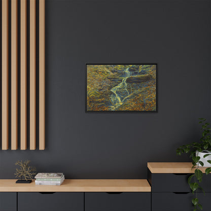 Framed matte canvas wall art featuring a scenic autumn forest with a waterfall, designed by Printify.